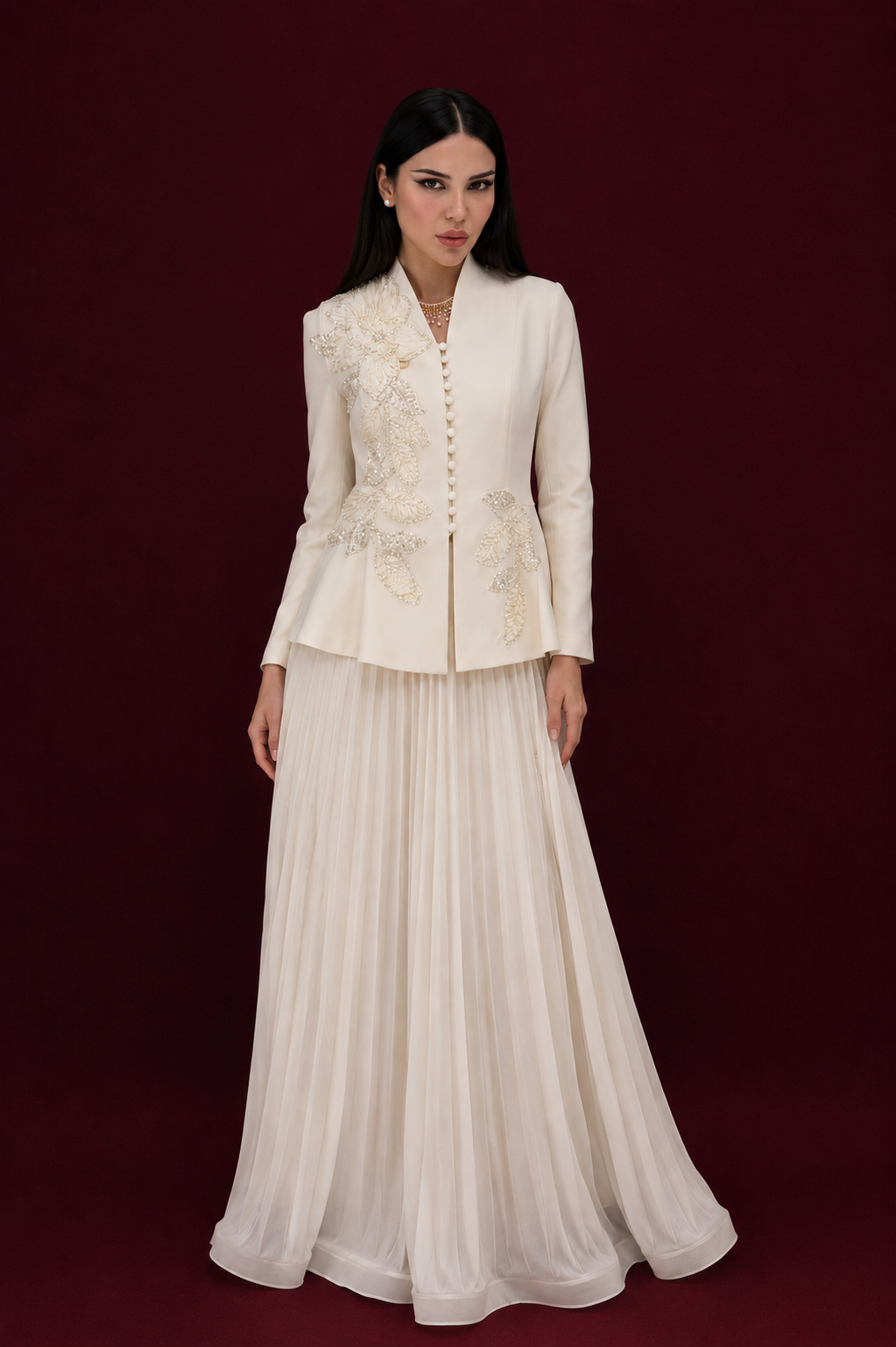 Ivory Embellished Jacket & Pleated Skirt Set