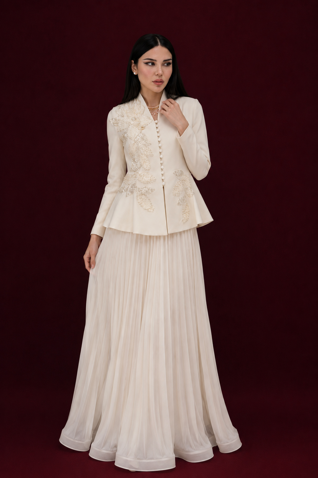 Ivory Embellished Jacket & Pleated Skirt Set