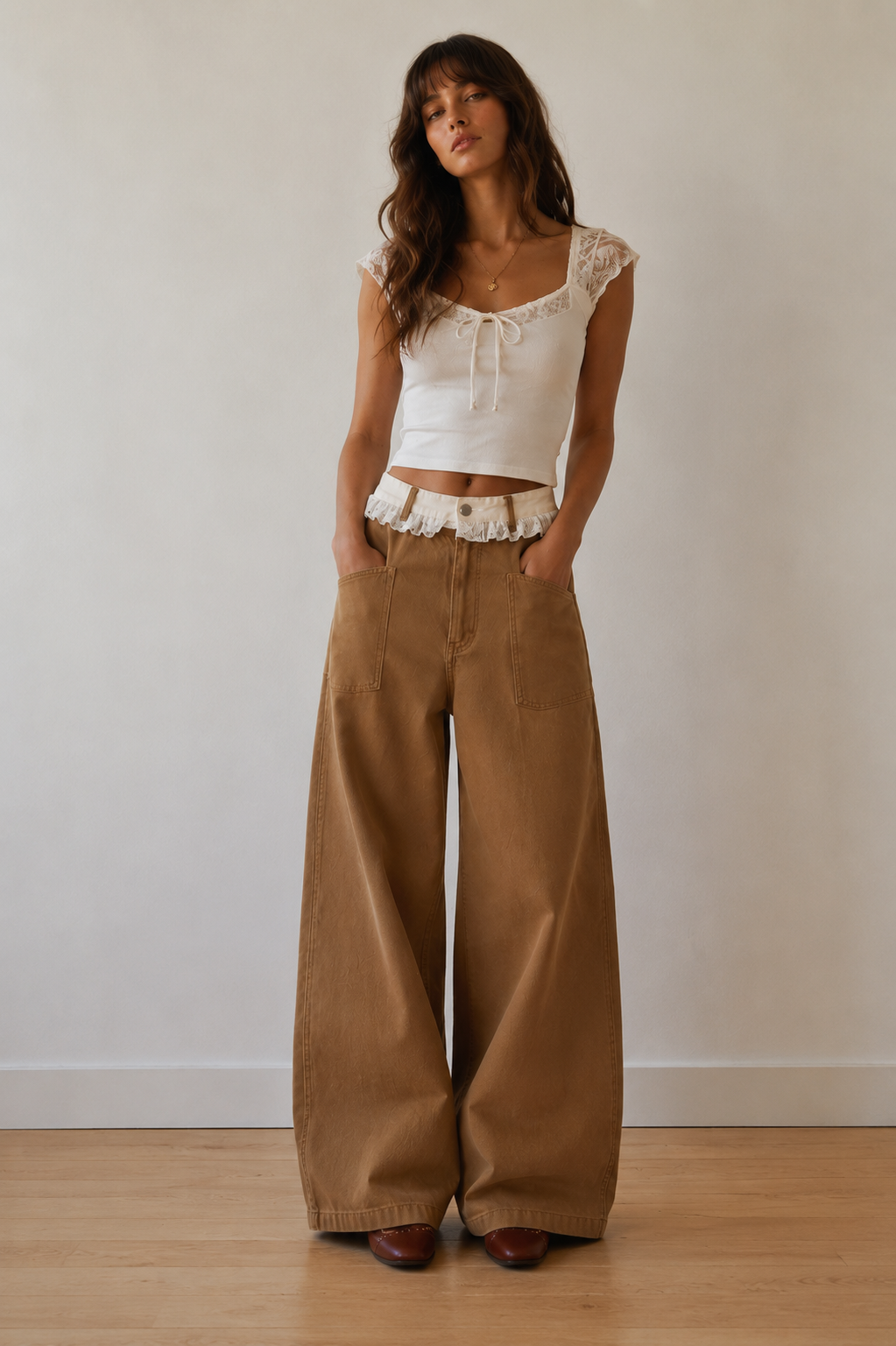 Caramel Lace Wide-Leg Jeans