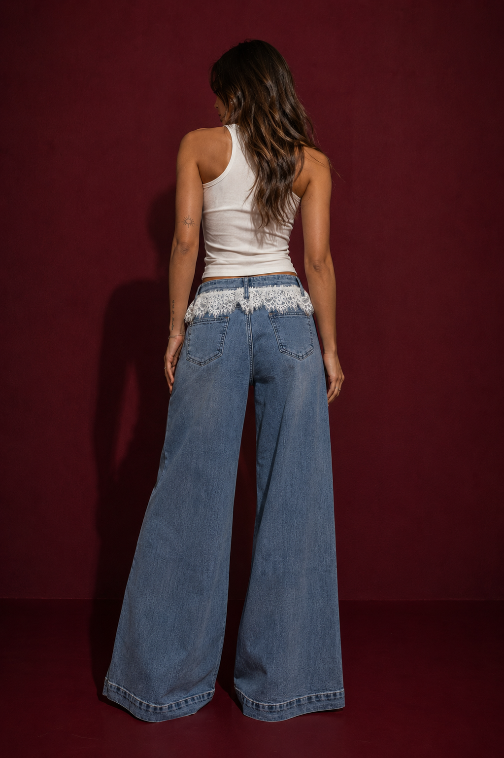 Light Blue Lace Wide-Leg Jeans