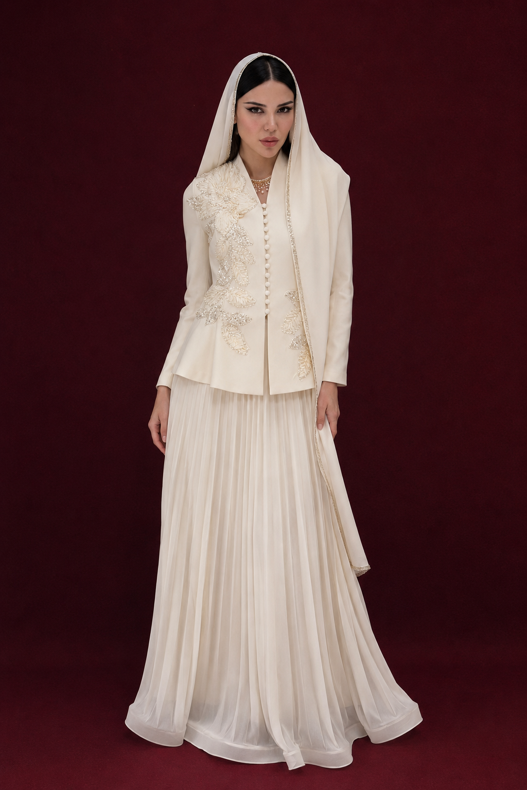Ivory Embellished Jacket & Pleated Skirt Set