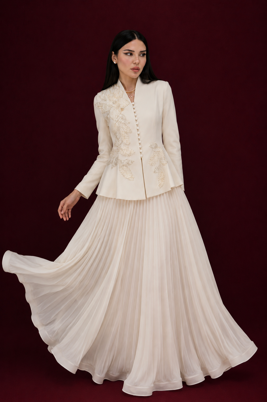 Ivory Embellished Jacket & Pleated Skirt Set