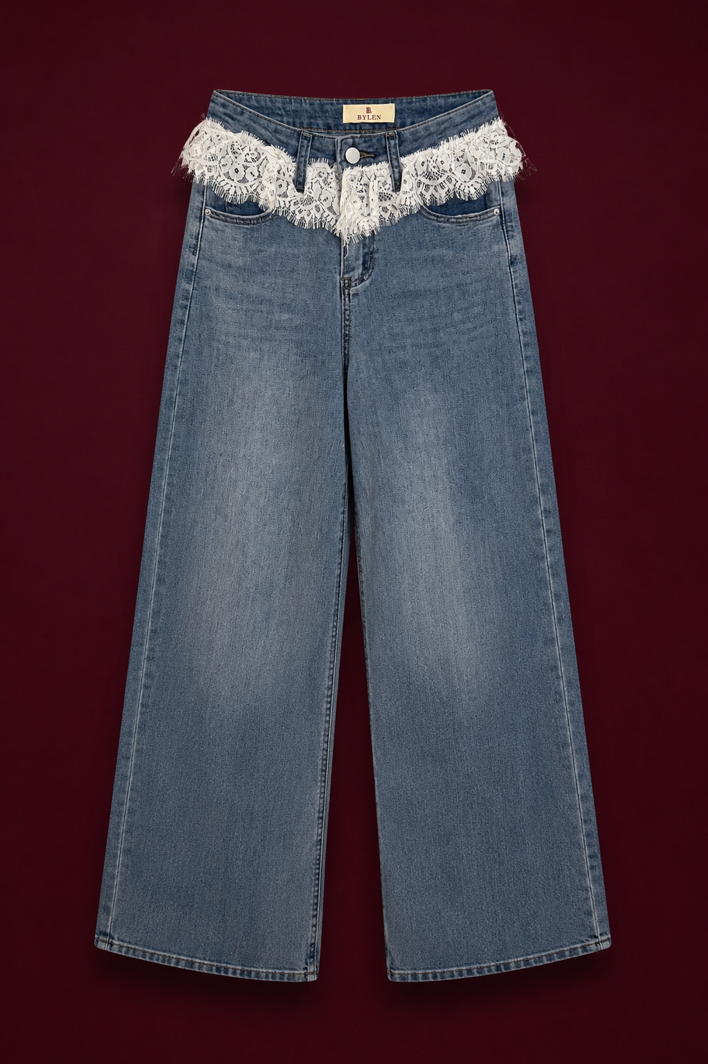 Light Blue Lace Wide-Leg Jeans
