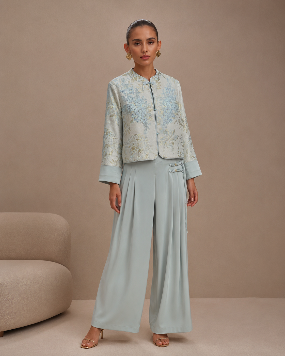 Embroidered Jacket & Wide-Leg Trouser Set