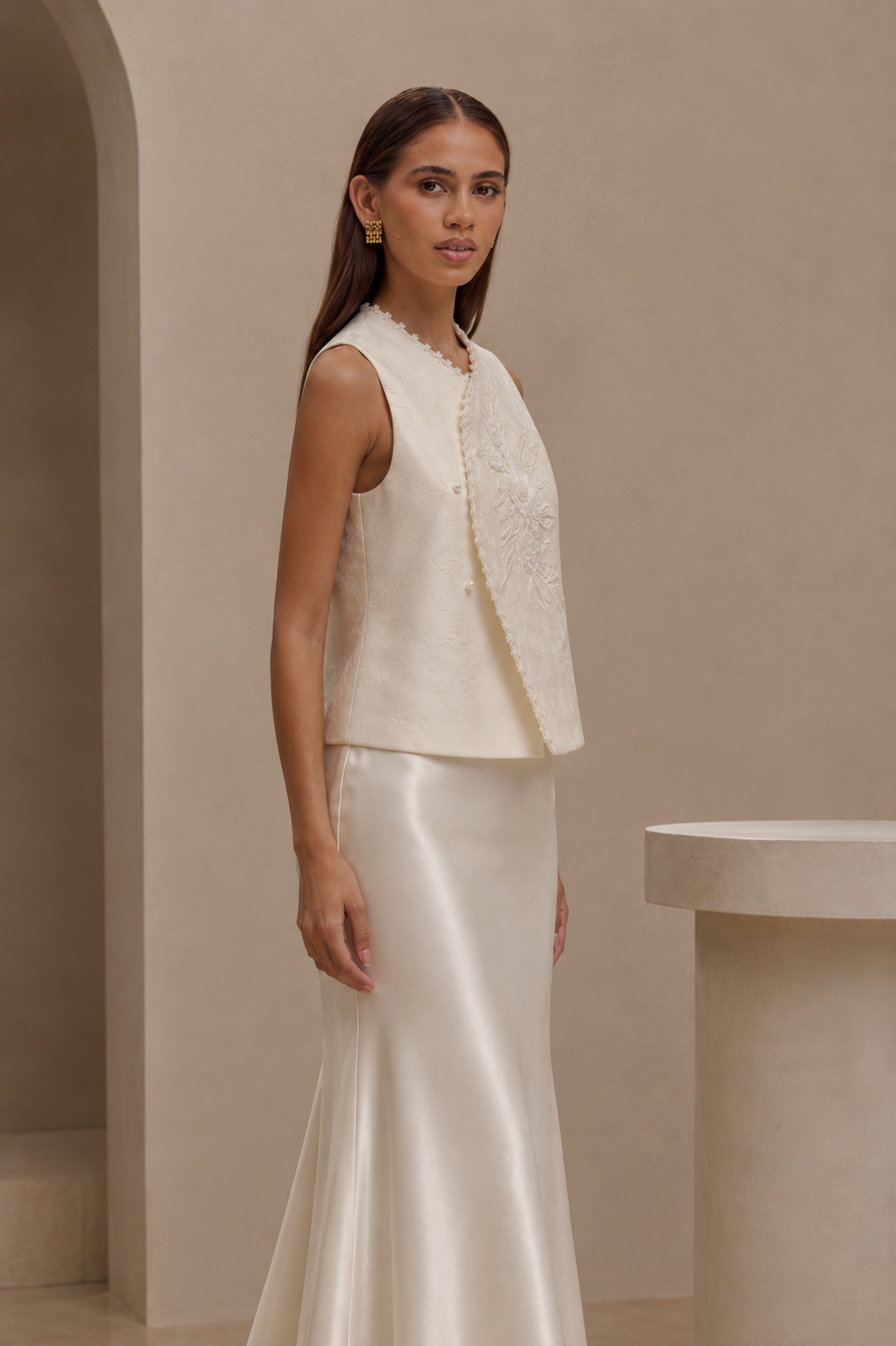 Ivory Blossom Embroidered Top & Satin Skirt Set