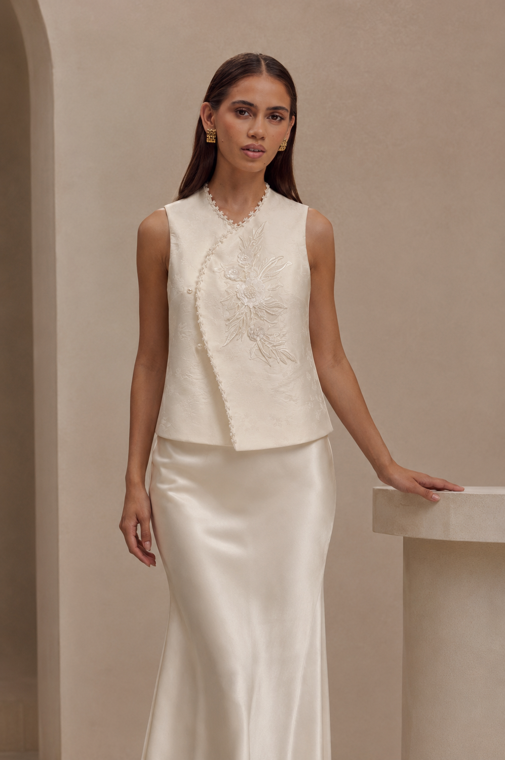 Ivory Blossom Embroidered Top & Satin Skirt Set