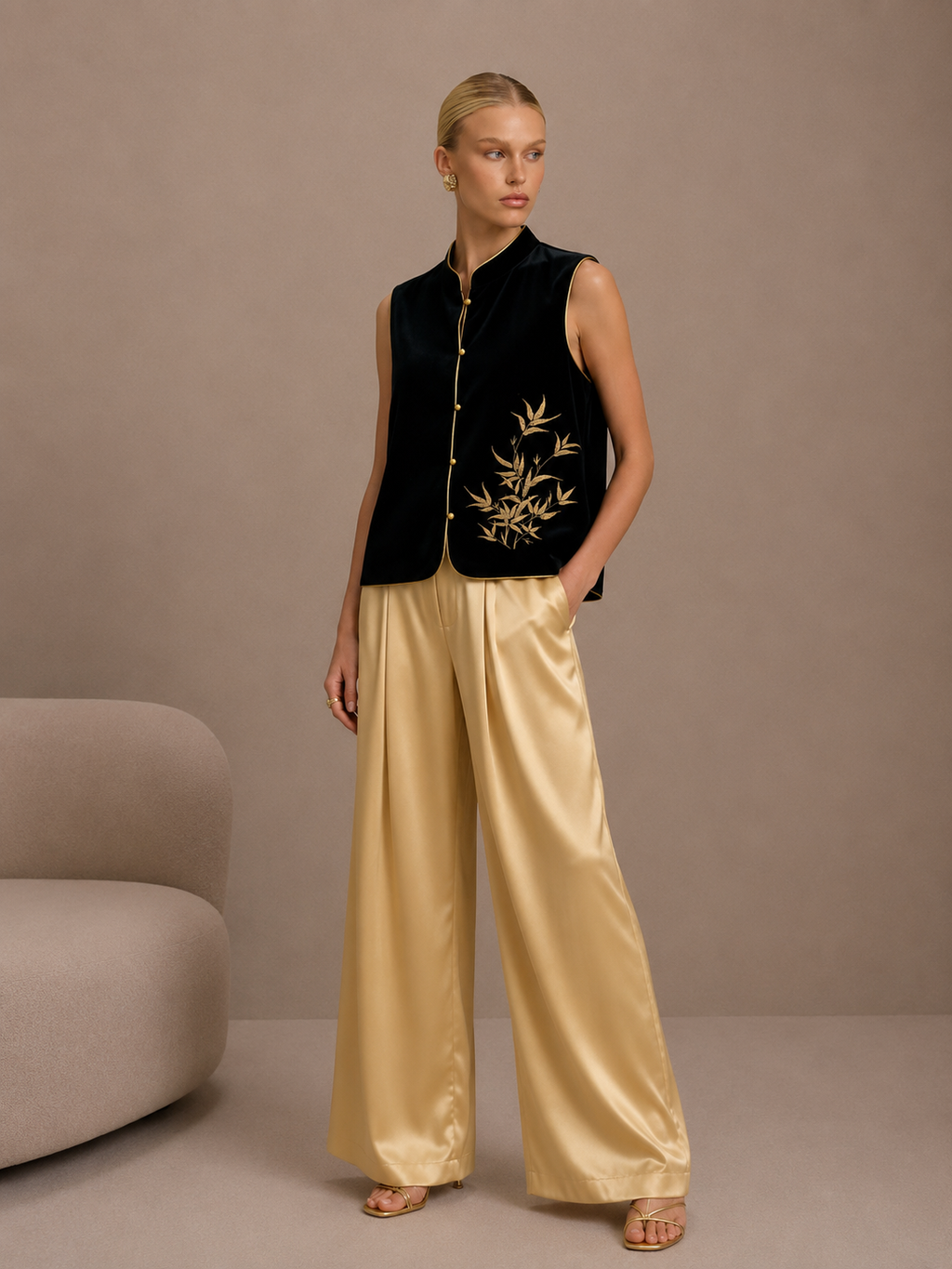 Velvet Bamboo Vest & Satin Wide-Leg Trouser Set