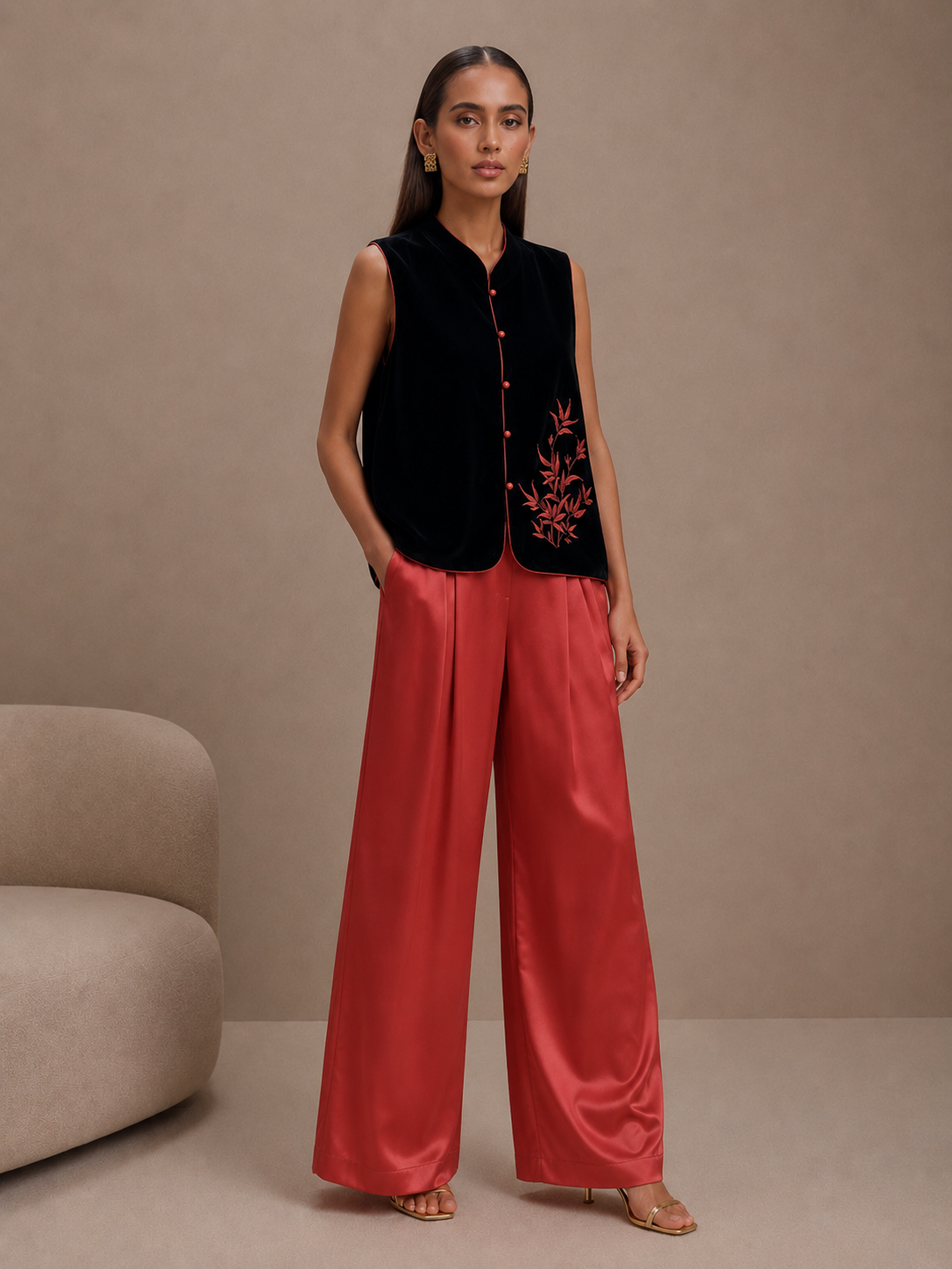 Velvet Bamboo Vest & Satin Wide-Leg Trouser Set