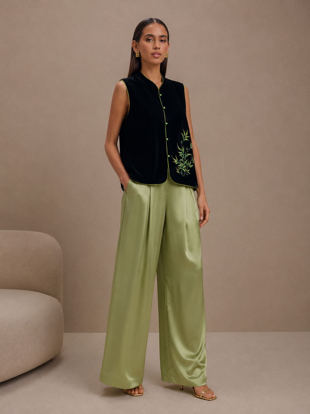 Velvet Bamboo Vest & Satin Wide-Leg Trouser Set